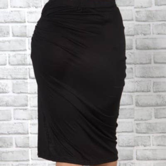 High Waisted Black Slit Skirt | Stretchy Bodycon Midi Skirt w/ Adjustable String - Picture 3 of 7